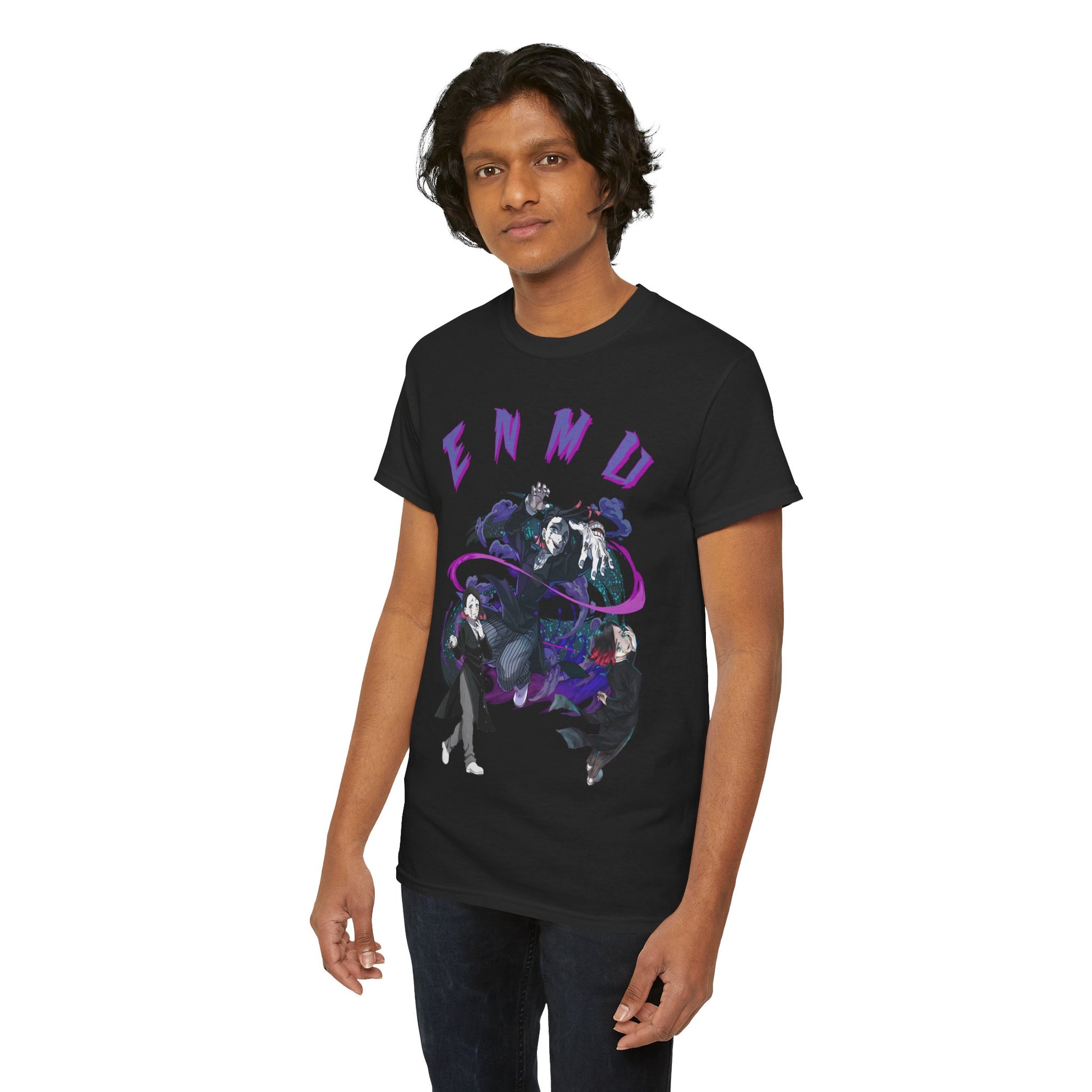 Charming individual modelling a luxurious black T-shirt with a bold Enmu graphic design from Demon Slayer, stylishly combining comfort with a daring fashion statement.