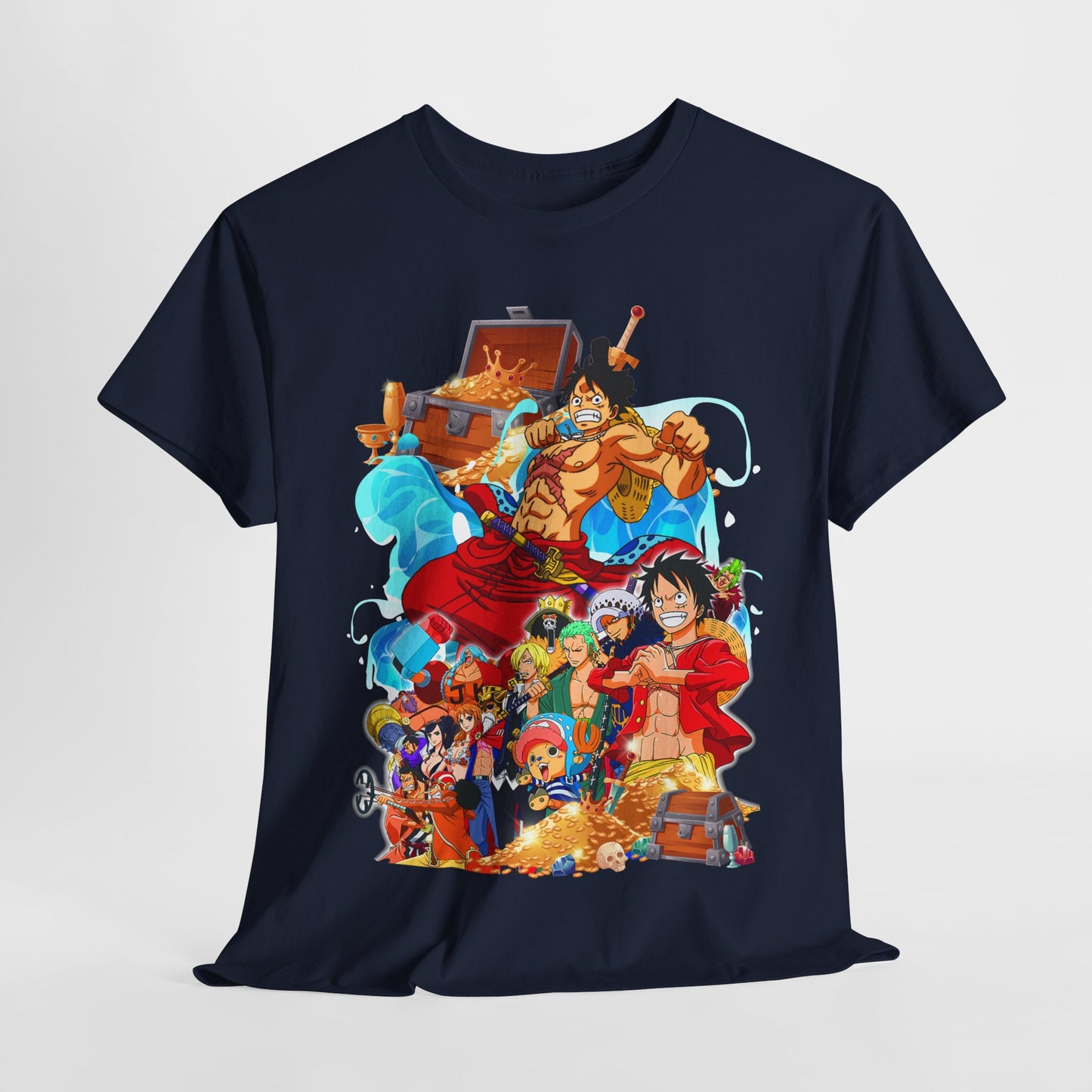 Chic front view of a navy blue T-shirt with a lively illustration, resonating with the spirit of adventure and anime culture.