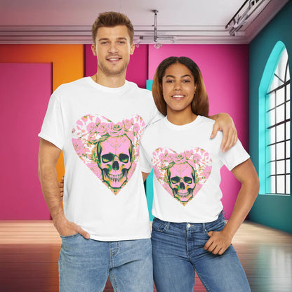 Stylish couple wearing Skulls and Roses Cotton Tee in white, highlighting a striking graphic of skulls and roses, perfect for casual or festive occasions.