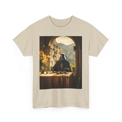 A stylish, casual men's t-shirt featuring Darth Vader in a Mediterranean setting, exuding elegant sophistication.