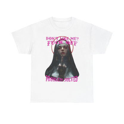 Luxury men's T-shirt featuring a striking gothic nun design with bold typography, expressing a rebellious attitude. The image showcases dark and edgy elements with intricate details.