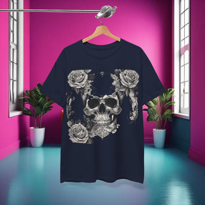 Skulls and Roses Cotton Tee showcased in a chic pink interior, highlighting a striking unisex graphic shirt featuring a steampunk skull design surrounded by exquisite roses.