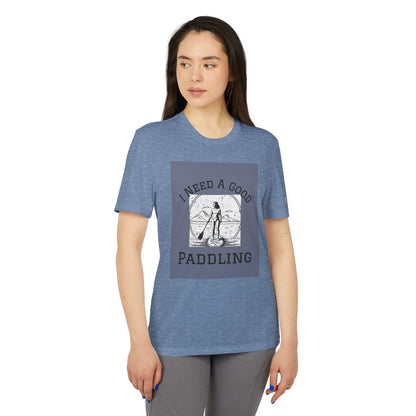 Adidas Women's Paddleboarders T-shirt in Navy Heather, featuring a stylish graphic design with the text 'I Need A Good PADDLING', perfect for outdoor enthusiasts.