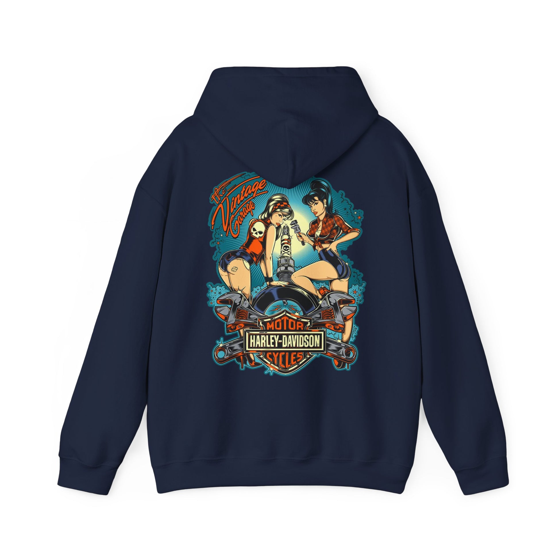 Luxury navy blue vintage garage hoodie displaying an exquisite back illustration of pin-up women and a motorcycle, artistically framed, combining classic charm with modern sensibility.