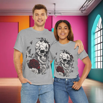 Couple wearing the Skulls and Roses Cotton Tee, showcasing its unisex fit and striking design suitable for bold fashion statements.