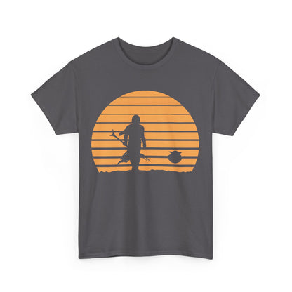 Front view of Mandalorian Sunset Graphic Unisex T-Shirt in Premium Soft Cotton - Epic Star Wars Adventure Wear, displaying an elegant design of the Mandalorian set against a warm, digital sunset.