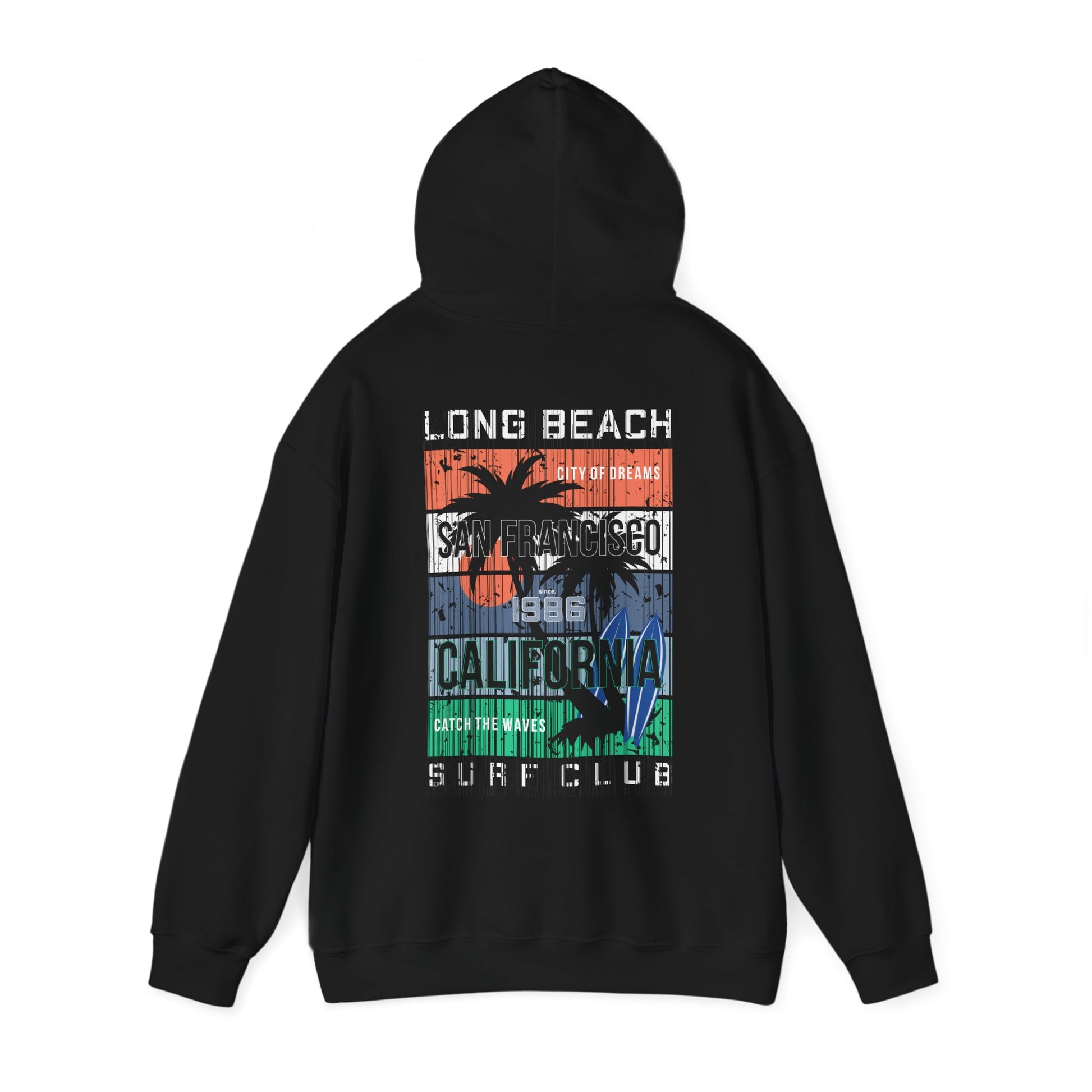 Sophisticated black hoodie displaying a vibrant San Francisco surf-inspired graphic, ideal for those who appreciate modern coastal fashion.