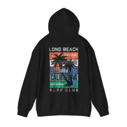 Sophisticated black hoodie displaying a vibrant San Francisco surf-inspired graphic, ideal for those who appreciate modern coastal fashion.