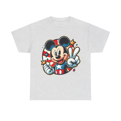 Mickey Mouse Pop Art Graphic Unisex Graphic Tee Shirt in grey, featuring a charming pop art rendition of Mickey Mouse, highlighting bold colours and celebratory motifs.