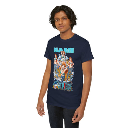 Stylish men's navy t-shirt displaying an artistic Nami graphic from One Piece, designed with vivid colours and bold branding, ideal for a fashionable casual look.