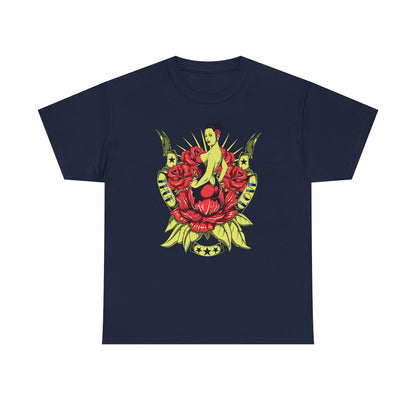 Luxurious men's t-shirt featuring vibrant tattoo-style pin-up design with bold roses and elegant scrollwork, crafted for unique style.