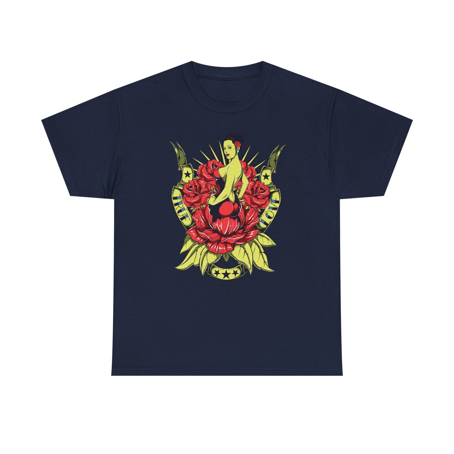 Sophisticated navy men's t-shirt featuring an eye-catching tattoo-style graphic of a pin-up girl encircled by rich red roses and decorative elements, perfect for a standout look.