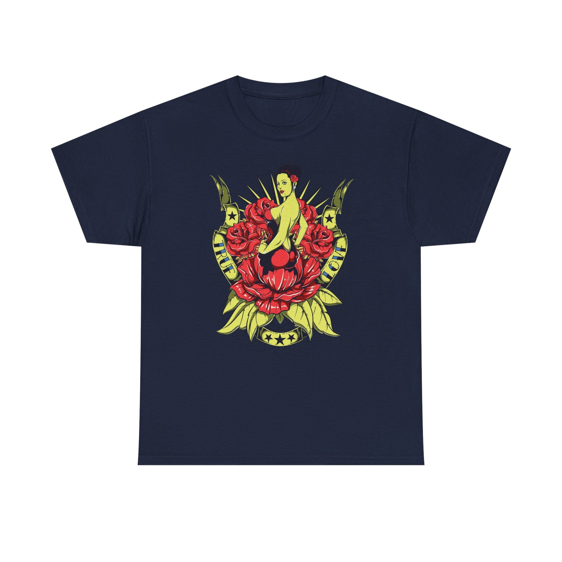 Sophisticated navy men's t-shirt featuring an eye-catching tattoo-style graphic of a pin-up girl encircled by rich red roses and decorative elements, perfect for a standout look.