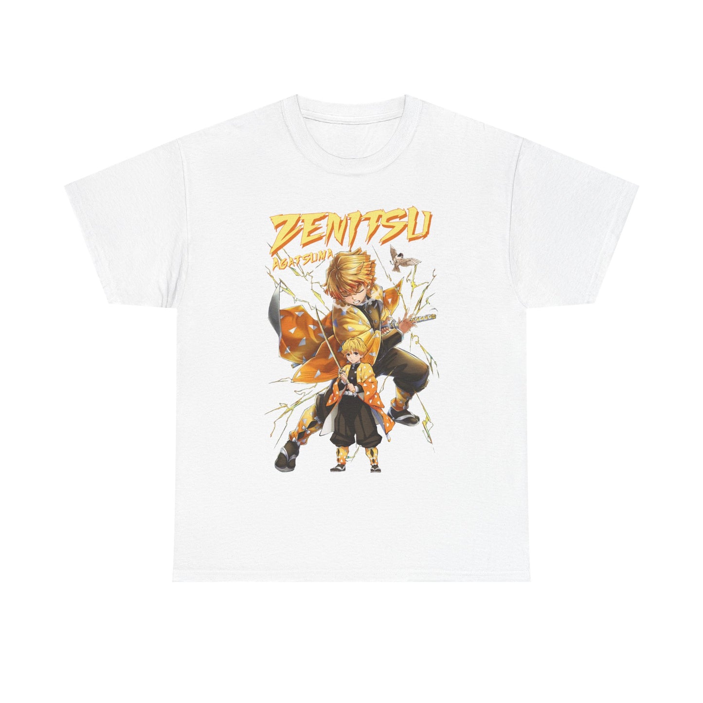 Elegant white t-shirt showcasing Zenitsu Agatsuma from Demon Slayer, artistically illustrated with bold colours and dynamic lightning effects.