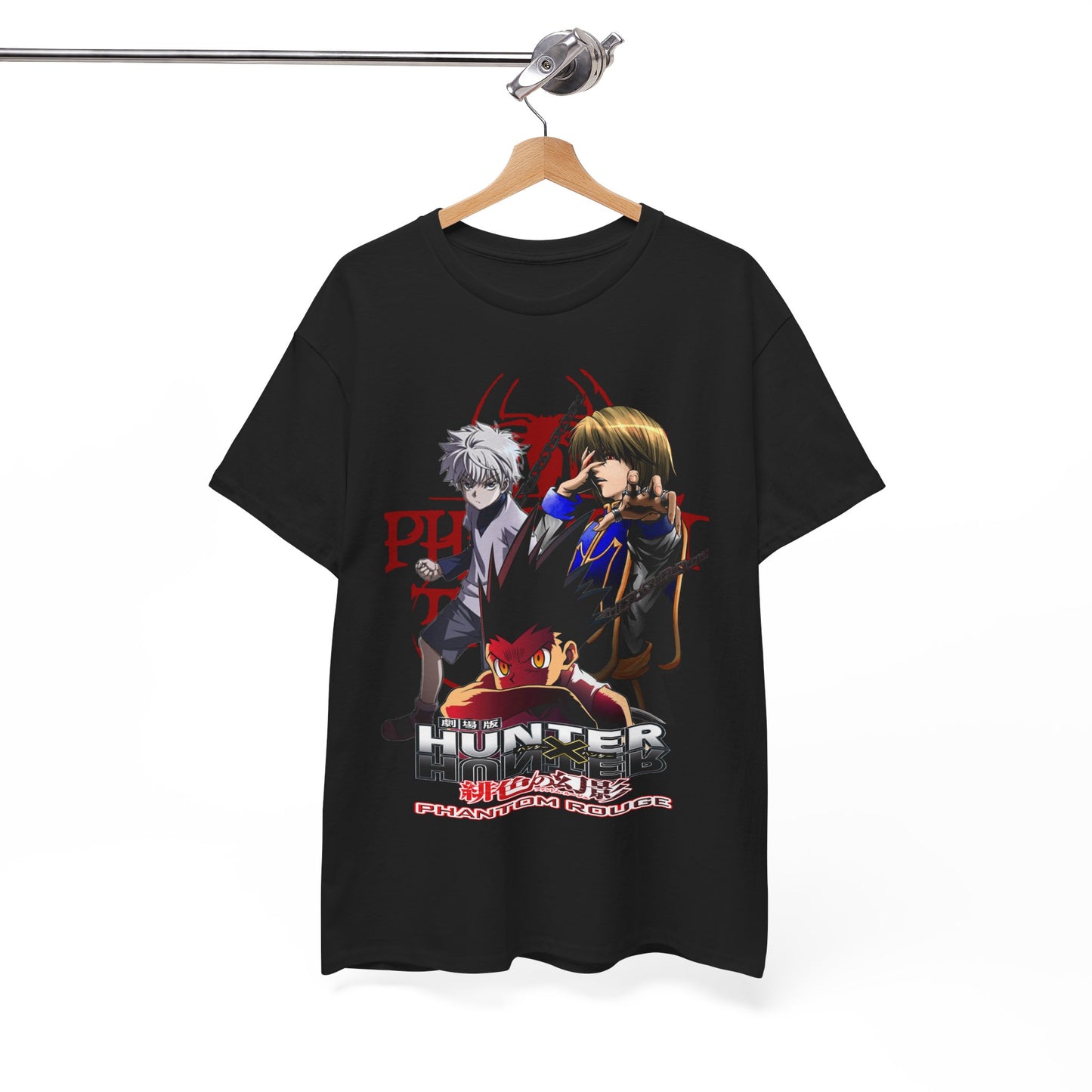Elevate your wardrobe with a luxurious black Hunter x Hunter T-shirt featuring dynamic artwork of iconic characters Gon, Killua, and Hisoka from Phantom Rouge.