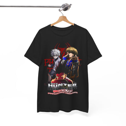 Elevate your wardrobe with a luxurious black Hunter x Hunter T-shirt featuring dynamic artwork of iconic characters Gon, Killua, and Hisoka from Phantom Rouge.