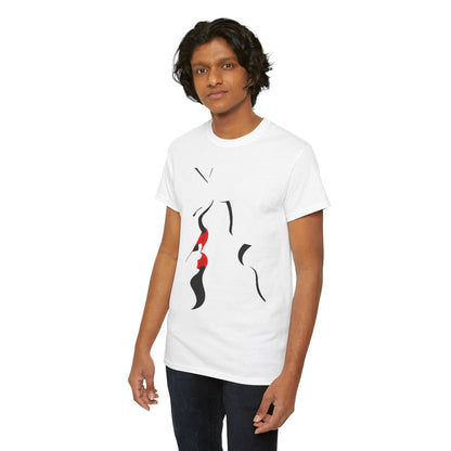 Refined male figure presenting a white graphic tee with a unique abstract face pattern and a striking red kiss, exuding contemporary charm.