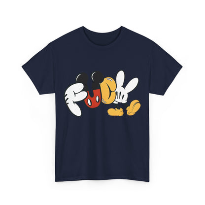 Mickey's Rebellion F**K Graphic T-Shirt featuring bold and whimsical design of the word 'F**K' crafted using iconic Mickey Mouse hands and elements, perfect for luxury streetwear enthusiasts.