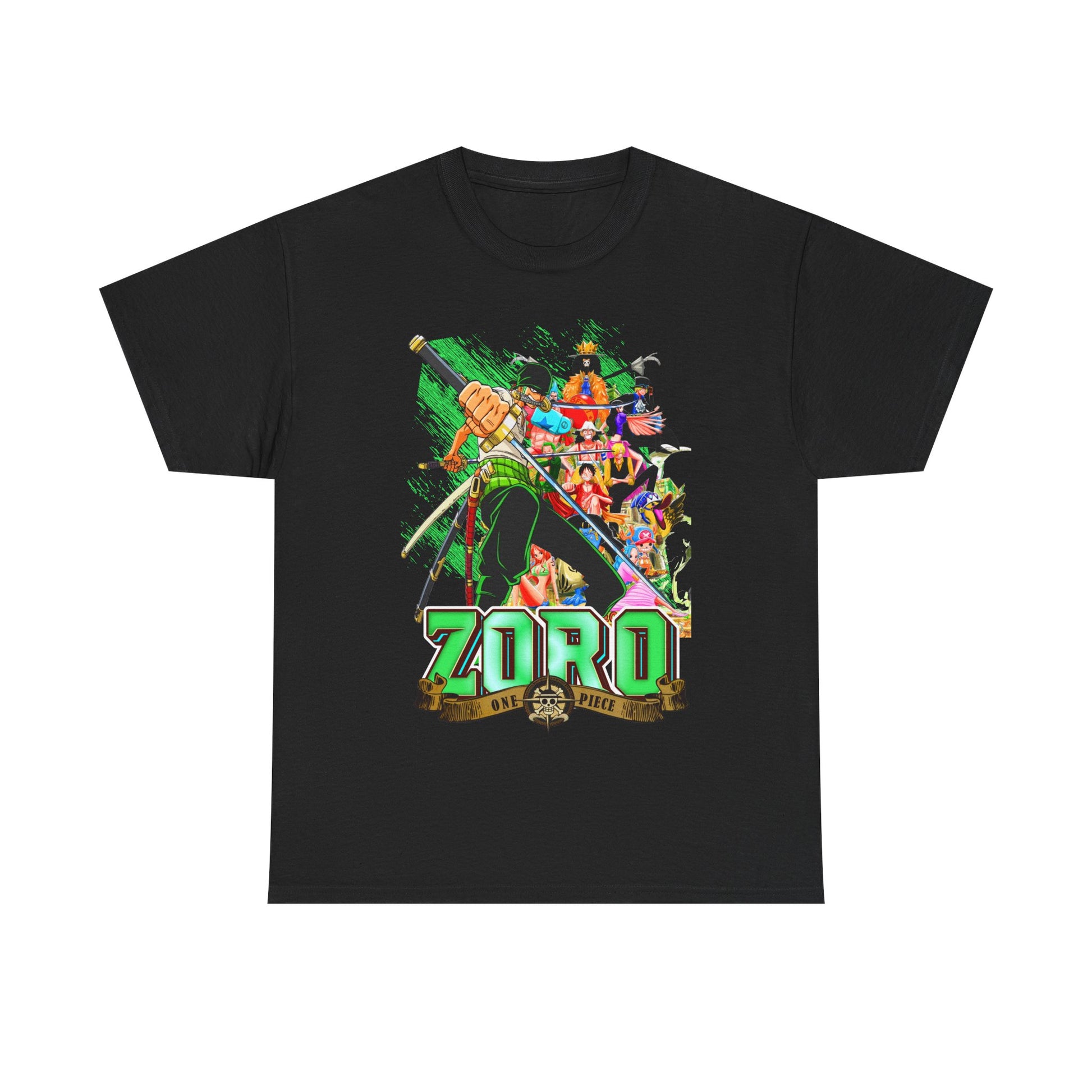 Sophisticated One Piece Zoro T-shirt in black, featuring a bold graphic of Zoro and his crew, ideal for expressing your passion for anime in a fashionable way.
