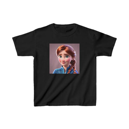 Kids Frozen Anna Heavy Cotton T-Shirt showcasing an enchanting image of Anna from Frozen, perfect for young fans seeking stylish comfort in various colours.