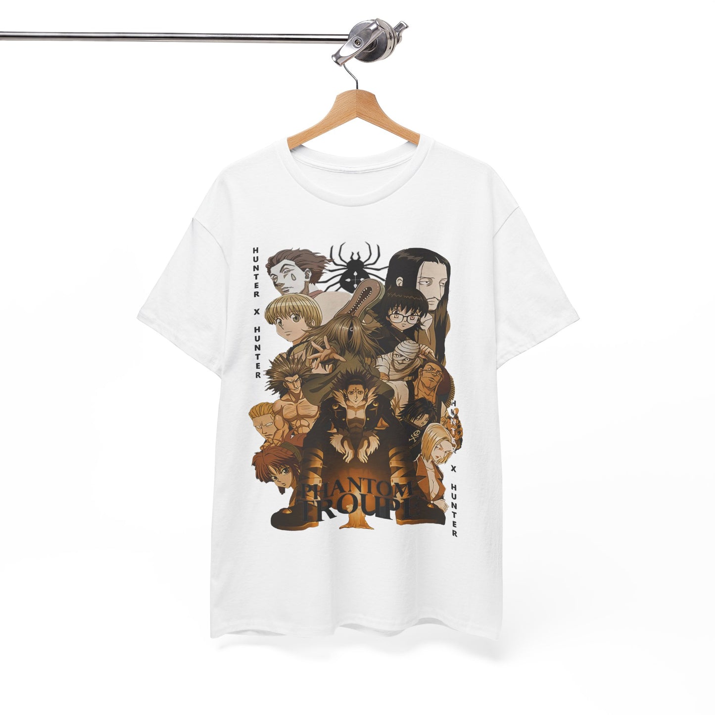 Luxurious white T-shirt featuring a striking graphic of the Phantom Troupe from Hunter x Hunter, showcasing intricate character designs in a warm colour palette.