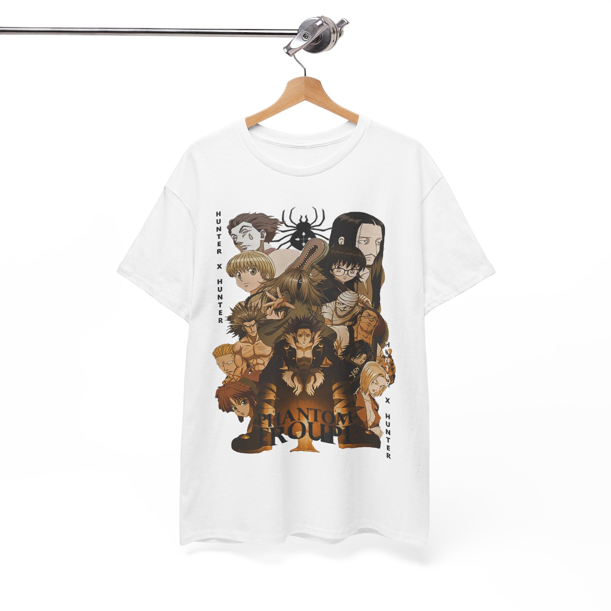 Luxurious white T-shirt featuring a striking graphic of the Phantom Troupe from Hunter x Hunter, showcasing intricate character designs in a warm colour palette.
