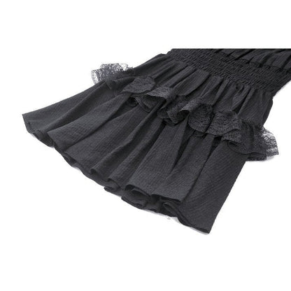 Chic close-up of the Dark In Love Arya Gothic Doll Dress revealing delicate lace detailing and unique bonnet with playful cat ear accents.