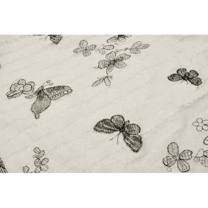 Close-up view of the delicate black butterfly pattern on the Dark In Love Zosia Lace Dress, showcasing the ethereal design set against off-white fabric.