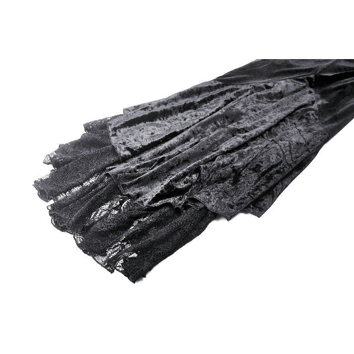 Full-length shot of the Gothic velvet mermaid dress, featuring a dramatic silhouette that embodies gothic glamour and sophistication.