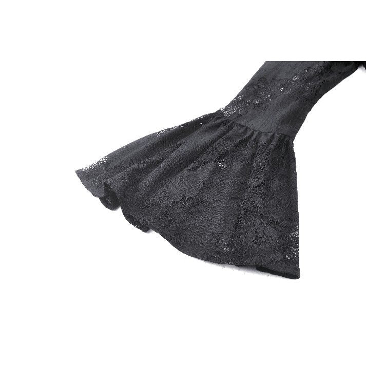 Elegant Dark in Love Emersyn long robe featuring intricate lace trim and flowing bell sleeves, perfect for romantic gothic style.