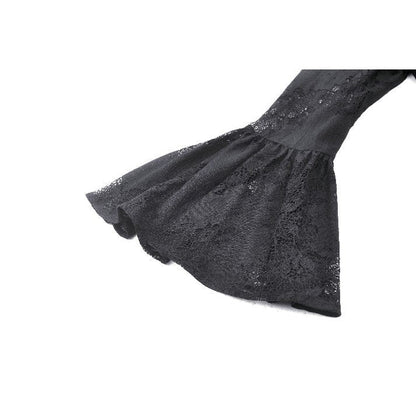 Elegant Dark in Love Emersyn long robe featuring intricate lace trim and flowing bell sleeves, perfect for romantic gothic style.
