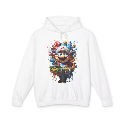 Unisex Computer Game Graphic Lightweight Hooded Sweatshirt in white showcasing a colourful gaming graphic.