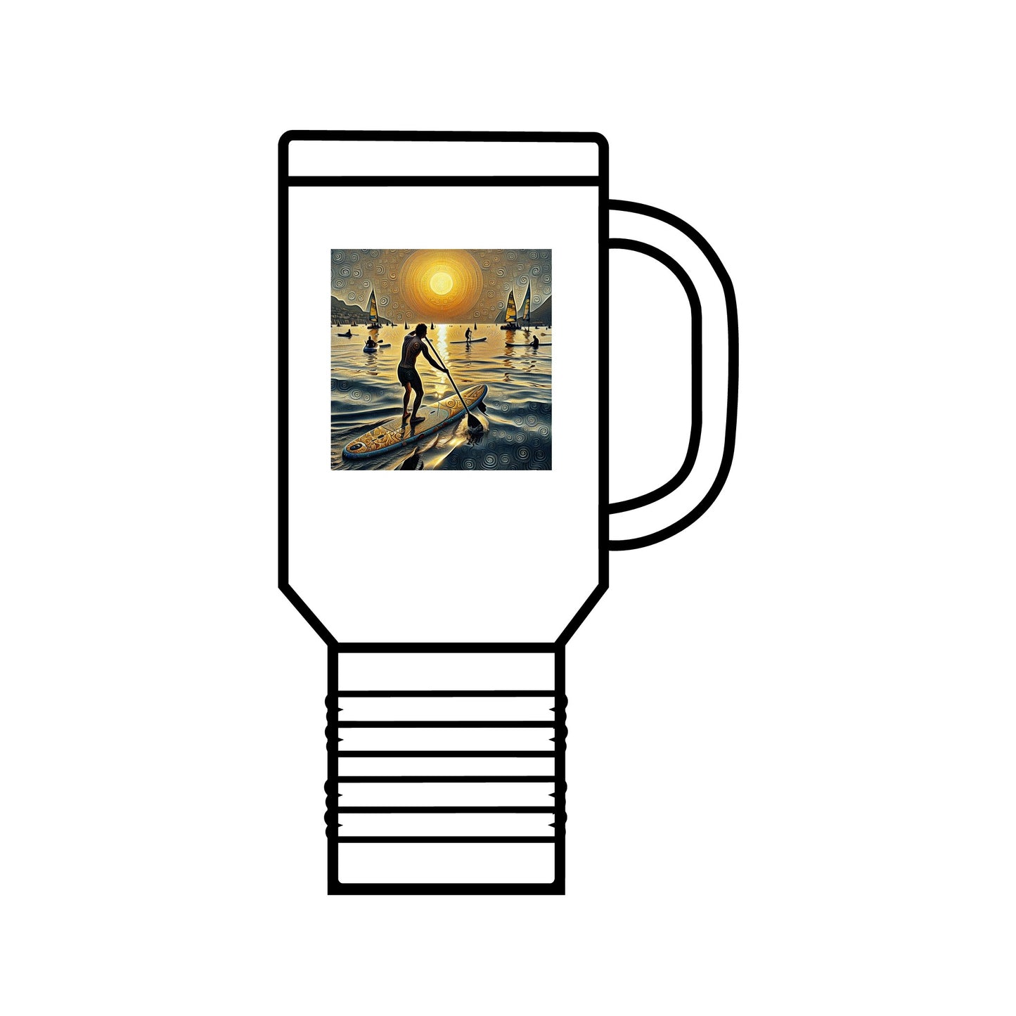 Fantasy Paddleboarding Insulated 40Oz Stainless Steel Travel Mug featuring a vibrant paddleboarding design with a sunset backdrop, ideal for both hot and cold beverages.