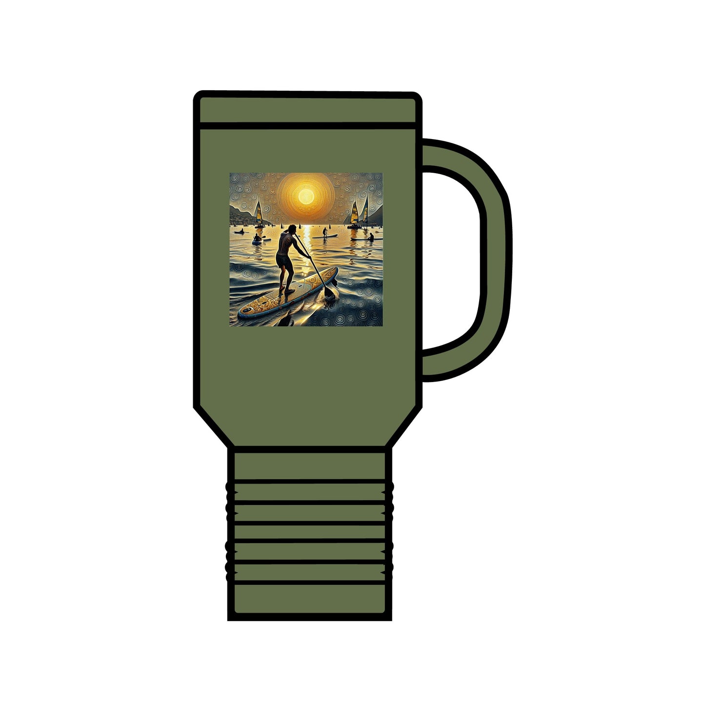 Fantasy Paddleboarding Insulated 40Oz Stainless Steel Travel Mug - A stylish olive green mug showcasing a stunning paddleboarding design, ideal for enriching outdoor experiences with your favourite drinks.