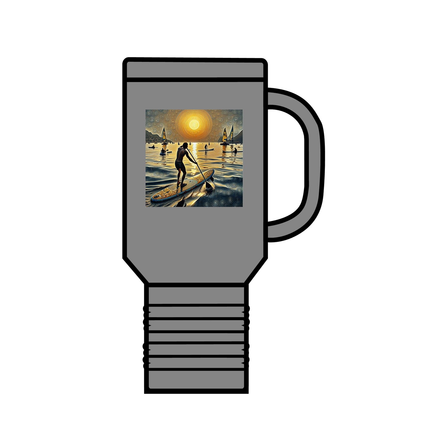 Luxury Fantasy Paddleboarding Insulated 40Oz Stainless Steel Travel Mug showcased in grey, adorned with a whimsical paddleboarding scene, perfect for adventure seekers.