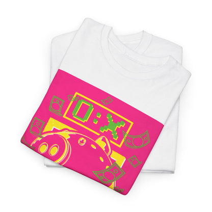 Designer Squid Game unisex t-shirt featuring a chic layered presentation of the playful piggy bank graphic in striking pink and yellow hues, blending luxury with urban style.