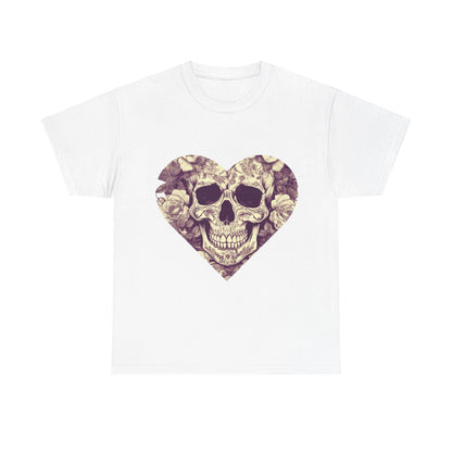 Chic Skulls and Roses Cotton Tee presenting a striking heart motif of skulls surrounded by roses on a pristine white background, ideal for bold style.