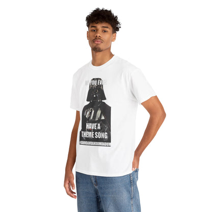 A model wearing the fashionable Darth Vader Star Wars Unisex Mens Graphic Cotton Funny T-Shirt Tee Vintage, displaying the graphic design with the quote 'Do You Even Have a Theme Song?' in a stylish manner.