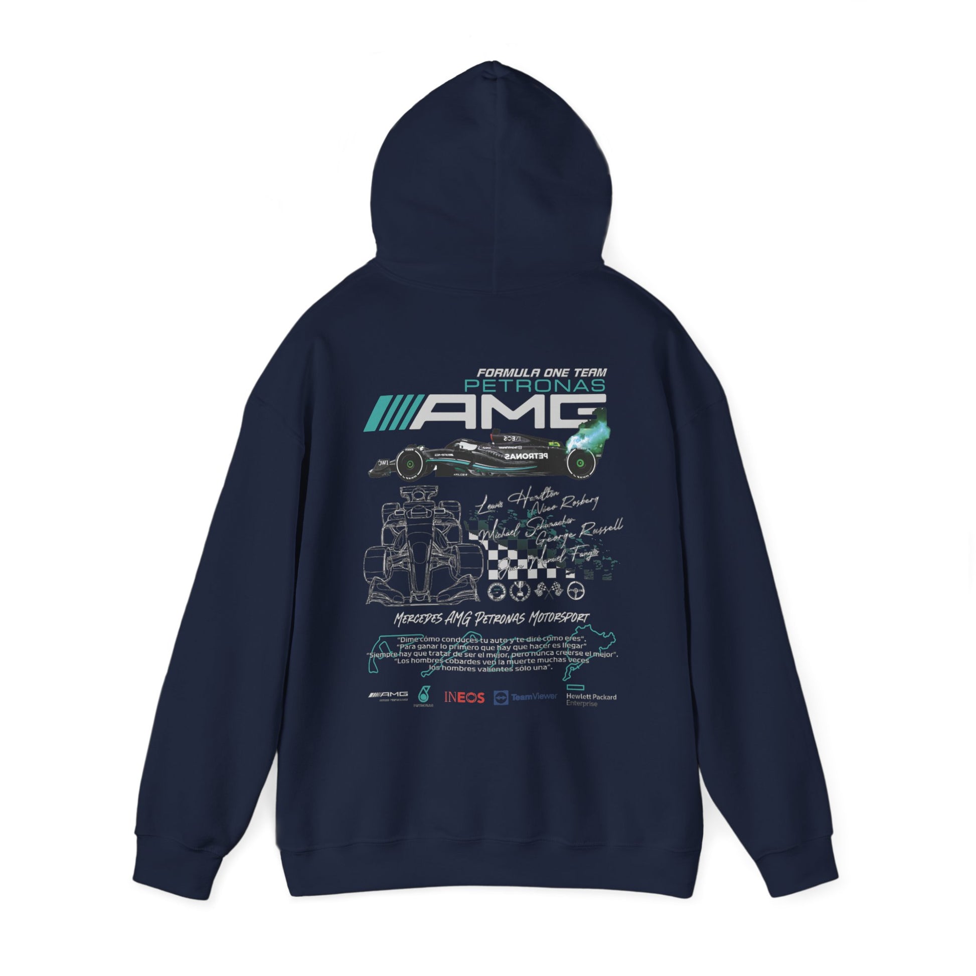 Navy blue hoodie adorned with an intricate Mercedes AMG Petronas F1 design, showcasing elegance and racing enthusiasm.