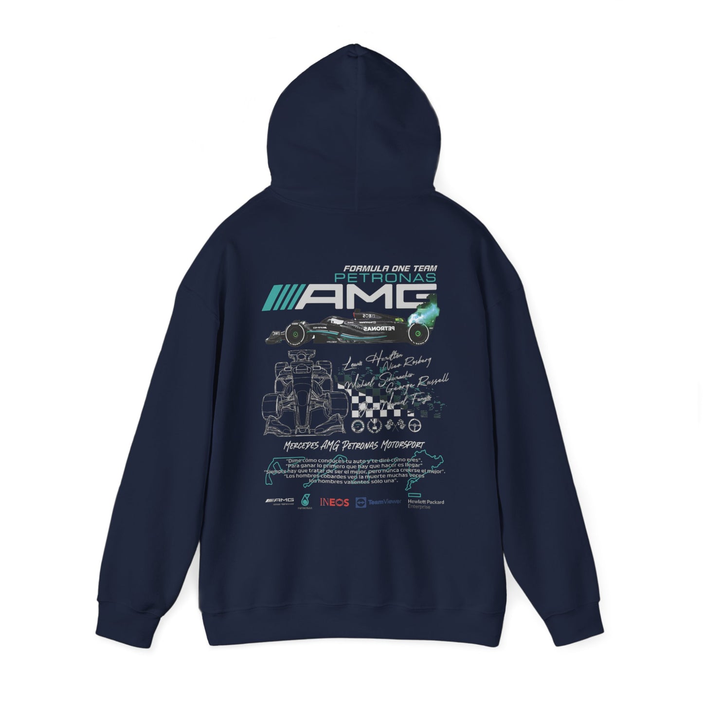 Luxurious navy hoodie featuring vibrant back graphic representing the Mercedes AMG Petronas F1 Racing Team, highlighting a sleek race car design for stylish fans.