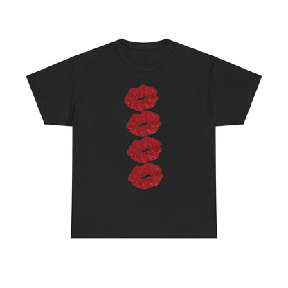 Elegant black graphic tee showcasing a unique arrangement of four bold red kiss prints, ideal for romantic occasions and statement fashion.