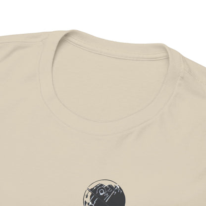 Close-up view of the neck and shoulder area of the luxurious Star Wars T-Shirt, showcasing the unique design of C-3PO and R2-D2 with a Death Star balloon.