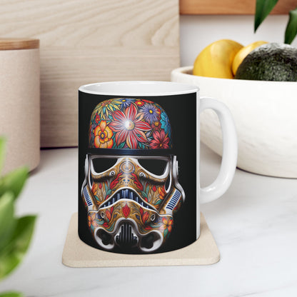 Artistic Floral Stormtrooper Mug displayed in a stylish kitchen setting, showcasing exquisite floral patterns and vibrant colours, perfect for elevating your coffee experience.