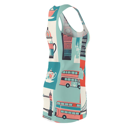 Close-up view of the Evelina Belleza London Racerback Dress, highlighting the pastel colours and artistic details inspired by London's historic landmarks.