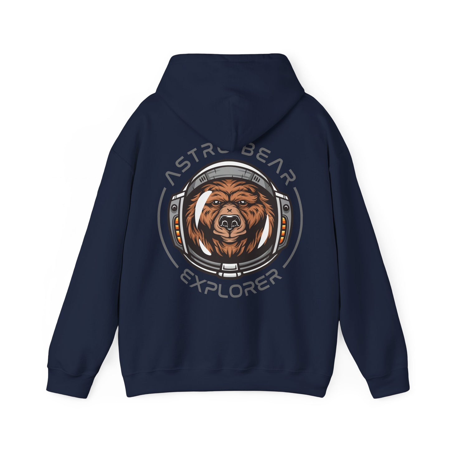 Sophisticated navy hoodie with a striking astronaut bear illustration on the back, ideal for fashionable explorers seeking warmth and style.