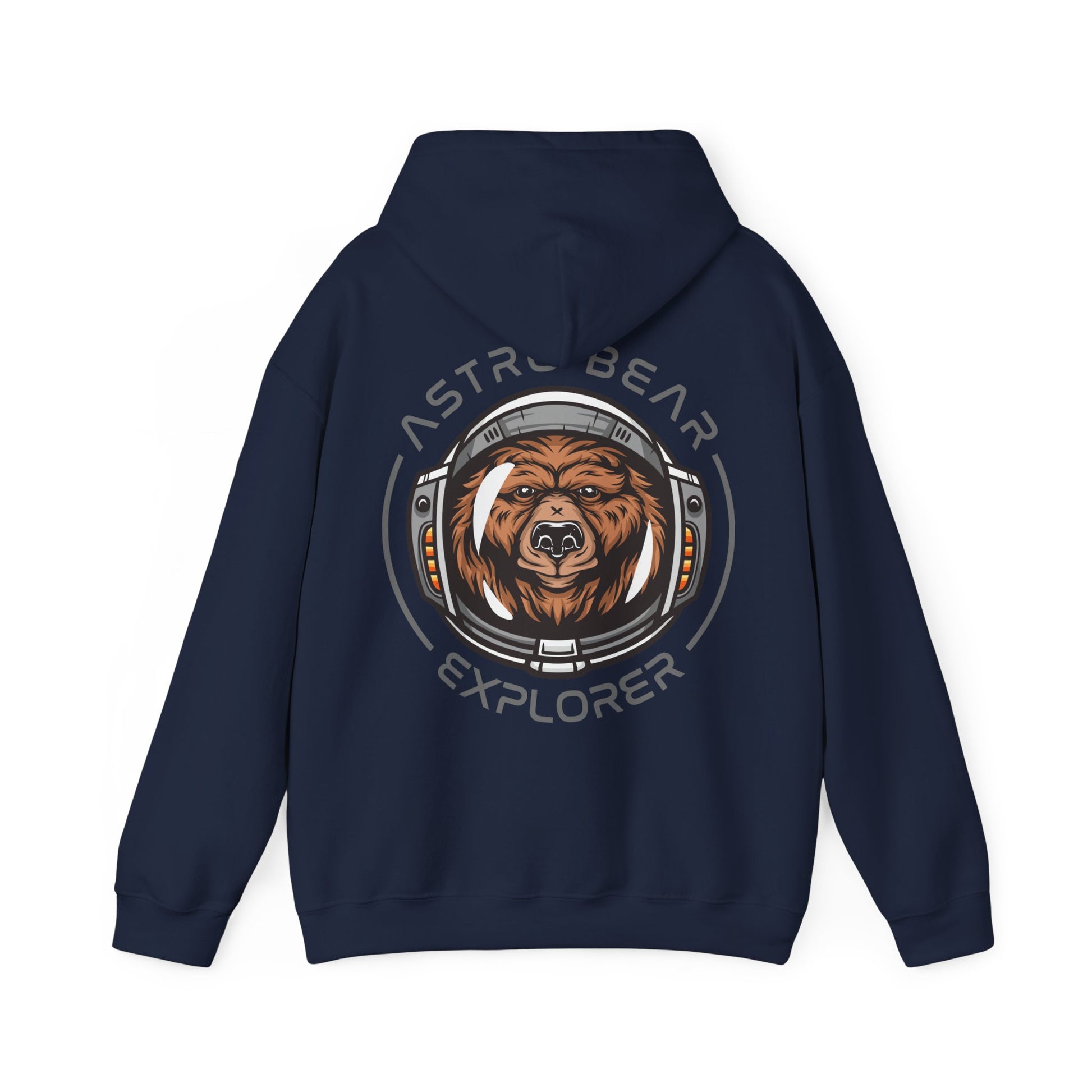 Sophisticated navy hoodie with a striking astronaut bear illustration on the back, ideal for fashionable explorers seeking warmth and style.