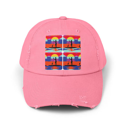 Unisex Distressed Paddleboarders Cap in vibrant pink showcasing a stylish paddleboarding design, perfect for water enthusiasts.
