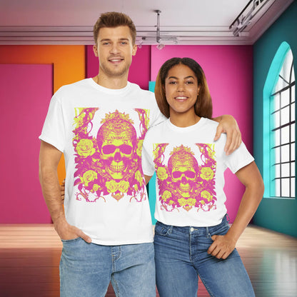 A diverse couple models the Skulls and Roses Cotton Tee, adorned with a vivid pink skull and floral design, representing a contemporary and stylish unisex graphic shirt.