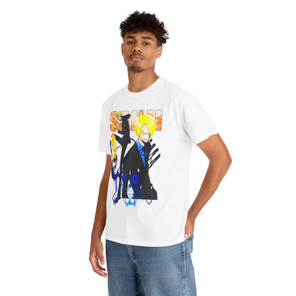 Stylish white anime-inspired t-shirt featuring dynamic graphics of two characters, perfect for fashion-forward anime enthusiasts.