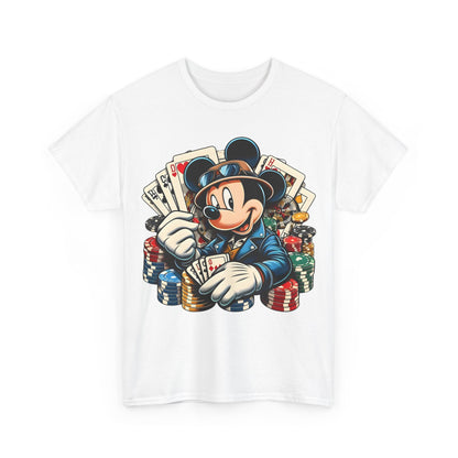 Front view of the Mickey Mouse Poker Graphic Tee in pristine white, featuring an eye-catching graphic of Mickey Mouse as a casino poker player, embodying style and sophistication.